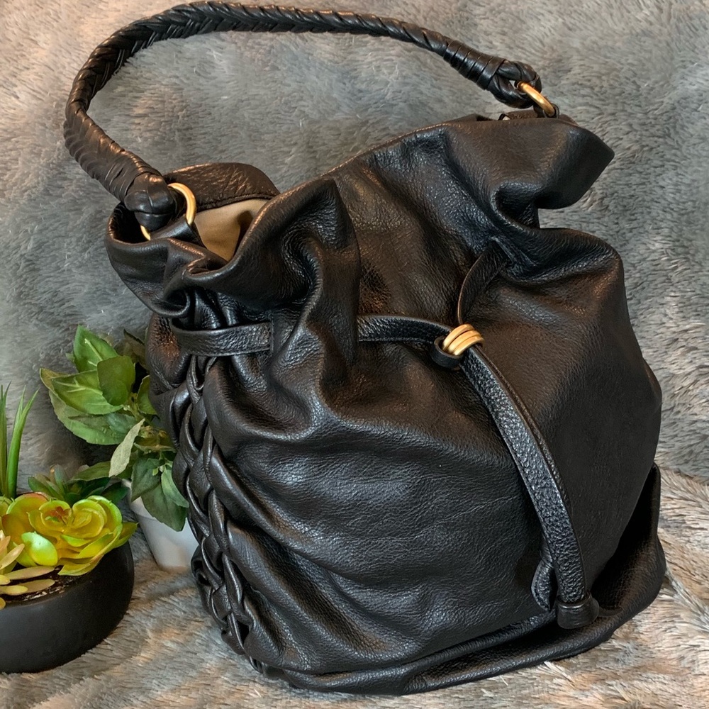 Elliott Lucca Black Leather Bucket Handbag